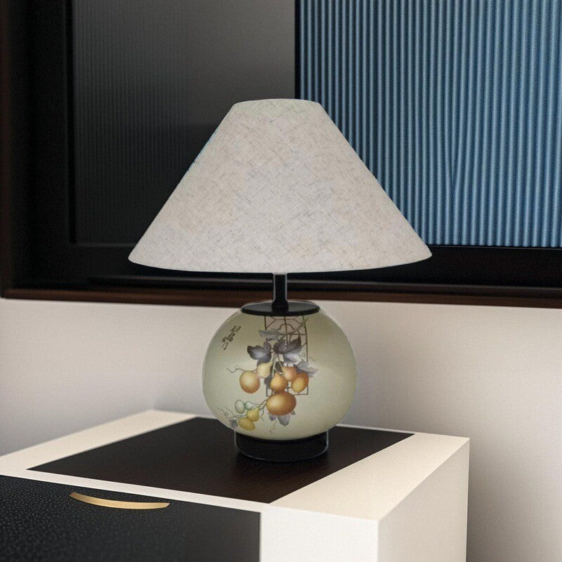 Traditional Chinese Pattern Orb Scalloped Fabric Ceramic 1-Light Table Lamp For Living Room