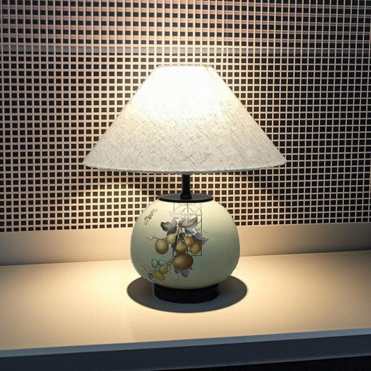 Traditional Chinese Pattern Orb Scalloped Fabric Ceramic 1-Light Table Lamp For Living Room