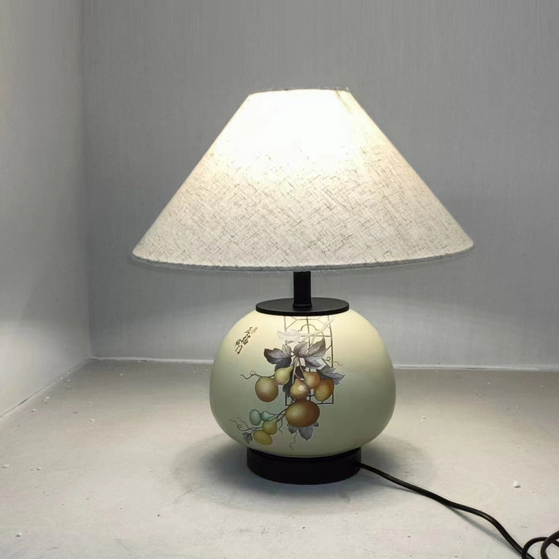 Traditional Chinese Pattern Orb Scalloped Fabric Ceramic 1-Light Table Lamp For Living Room