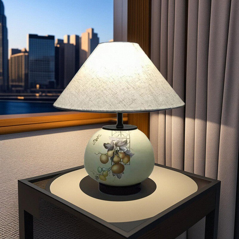 Traditional Chinese Pattern Orb Scalloped Fabric Ceramic 1-Light Table Lamp For Living Room