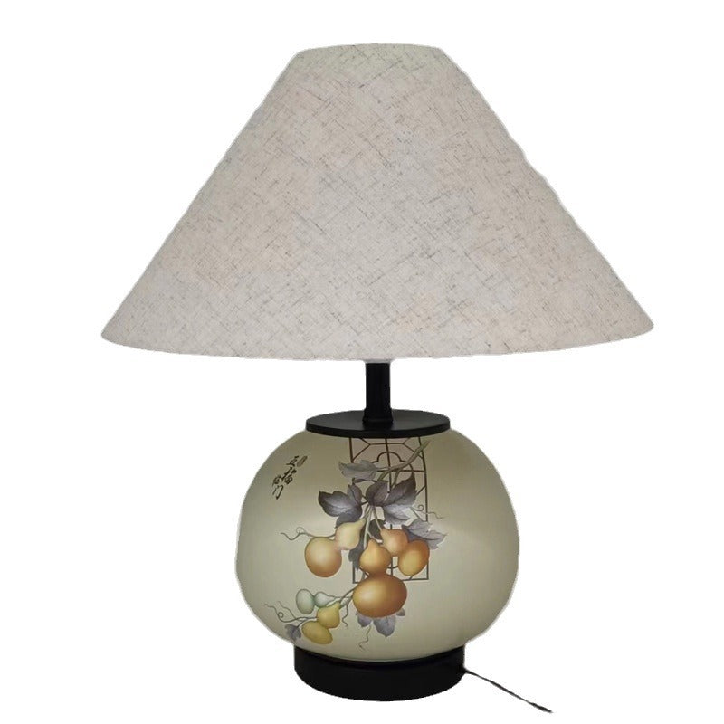 Traditional Chinese Pattern Orb Scalloped Fabric Ceramic 1-Light Table Lamp For Living Room
