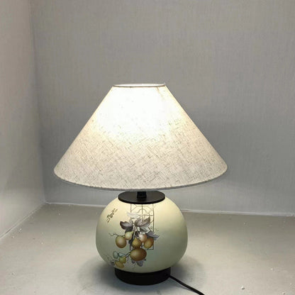 Traditional Chinese Pattern Orb Scalloped Fabric Ceramic 1-Light Table Lamp For Living Room