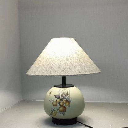 Traditional Chinese Pattern Orb Scalloped Fabric Ceramic 1-Light Table Lamp For Living Room