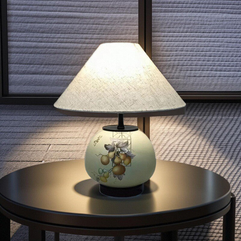 Traditional Chinese Pattern Orb Scalloped Fabric Ceramic 1-Light Table Lamp For Living Room