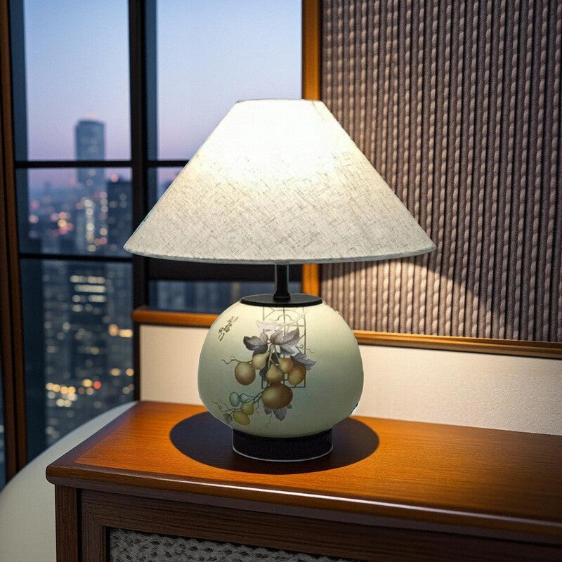 Traditional Chinese Pattern Orb Scalloped Fabric Ceramic 1-Light Table Lamp For Living Room