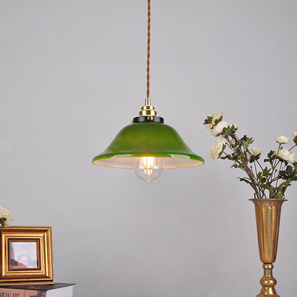 Traditional Vintage Round Floral Glass Brass 1-Light Pendant Light For Living Room
