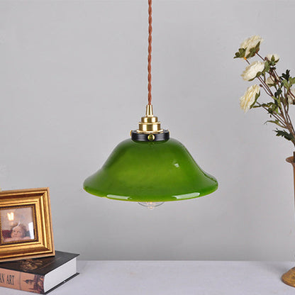 Traditional Vintage Round Floral Glass Brass 1-Light Pendant Light For Living Room