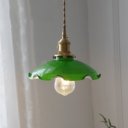 Traditional Vintage Round Floral Glass Brass 1-Light Pendant Light For Living Room