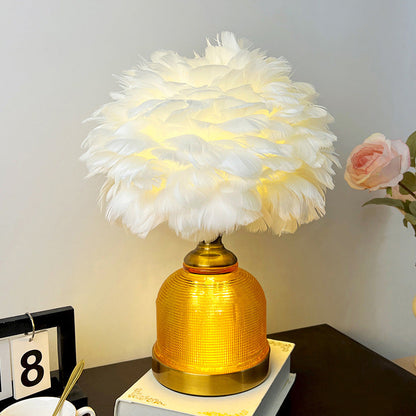 Contemporary Creative Feather Round Cylinder Feather Glass Metal 1-Light Table Lamp For Living Room