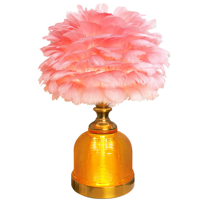 Contemporary Creative Feather Round Cylinder Feather Glass Metal 1-Light Table Lamp For Living Room