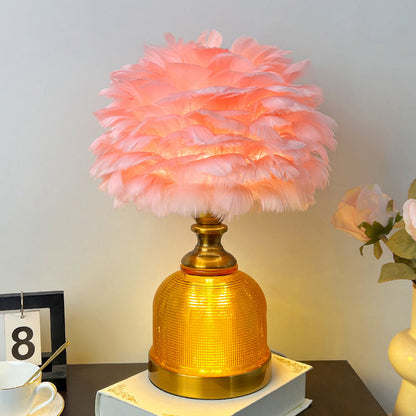 Contemporary Creative Feather Round Cylinder Feather Glass Metal 1-Light Table Lamp For Living Room
