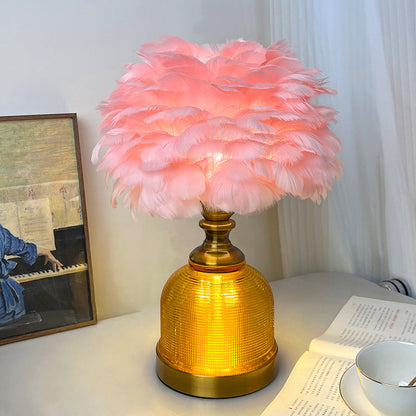 Contemporary Creative Feather Round Cylinder Feather Glass Metal 1-Light Table Lamp For Living Room