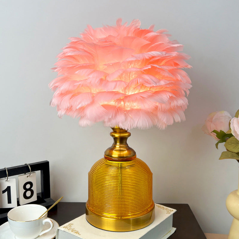 Contemporary Creative Feather Round Cylinder Feather Glass Metal 1-Light Table Lamp For Living Room