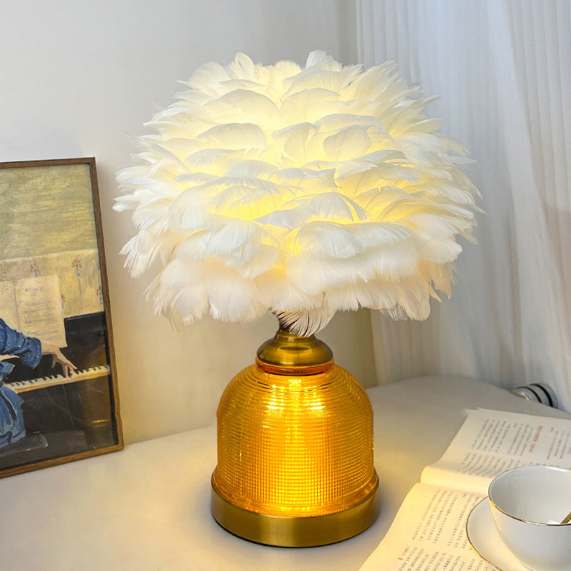 Contemporary Creative Feather Round Cylinder Feather Glass Metal 1-Light Table Lamp For Living Room