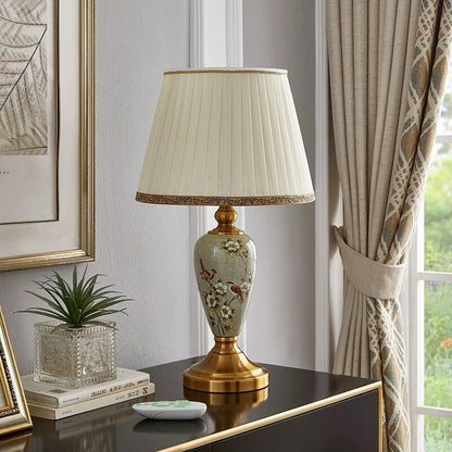 Traditional Chinese Round Fan Leaves Fabric Ceramic 1-Light Table Lamp For Living Room
