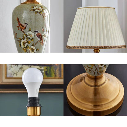 Traditional Chinese Round Fan Leaves Fabric Ceramic 1-Light Table Lamp For Living Room