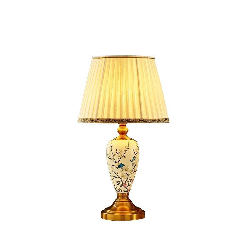 Traditional Chinese Round Fan Leaves Fabric Ceramic 1-Light Table Lamp For Living Room