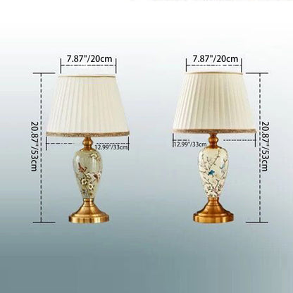 Traditional Chinese Round Fan Leaves Fabric Ceramic 1-Light Table Lamp For Living Room