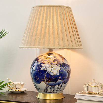 Traditional Vintage Scalloped Round Lotus Flower Fabric Ceramic Metal 1-Light Table Lamp For Living Room