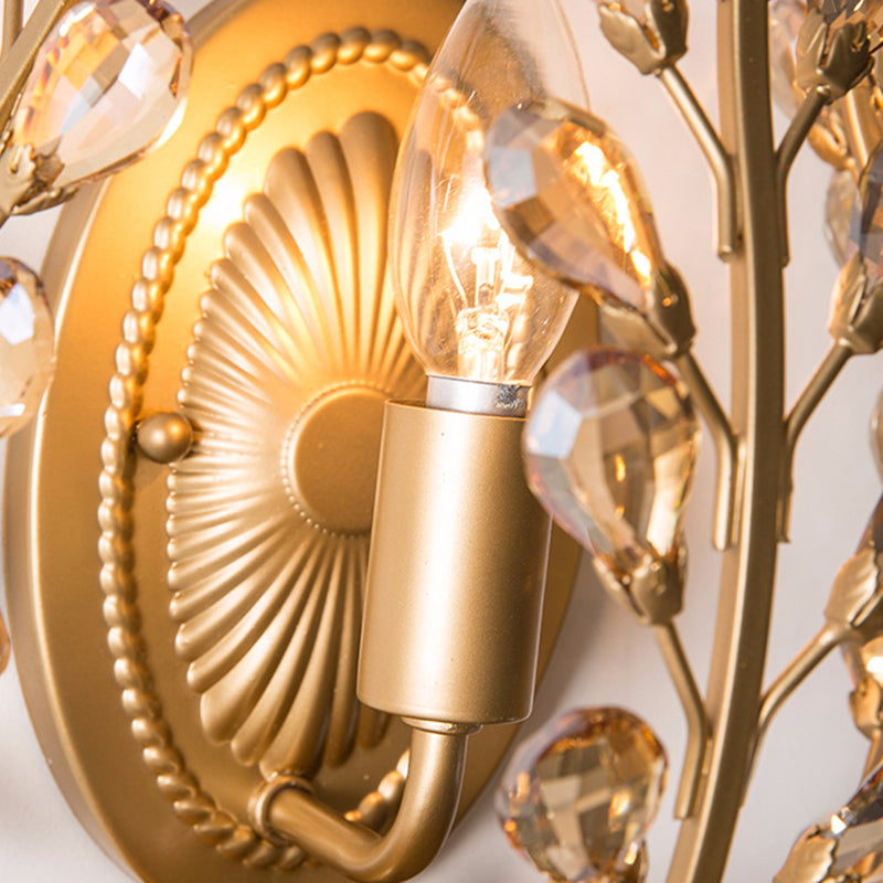 Modern Luxury Branch Leaf Oval Crystal Iron 1-Light Wall Sconce Lamp For Bedroom