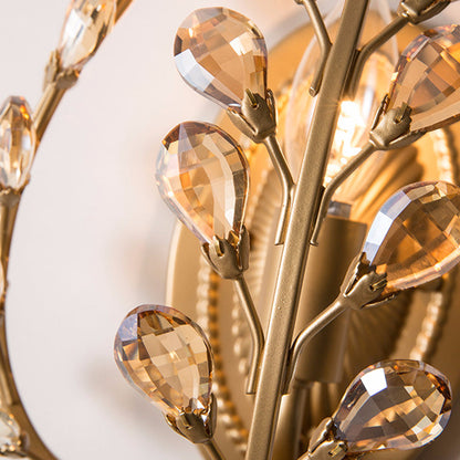 Modern Luxury Branch Leaf Oval Crystal Iron 1-Light Wall Sconce Lamp For Bedroom