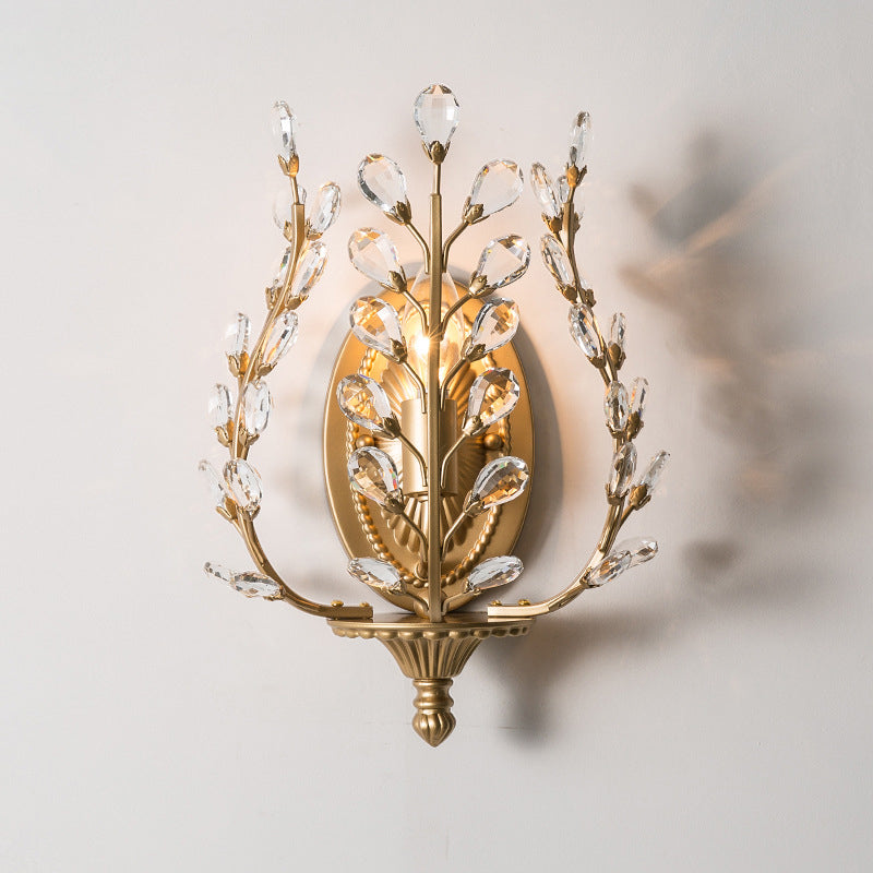 Modern Luxury Branch Leaf Oval Crystal Iron 1-Light Wall Sconce Lamp For Bedroom