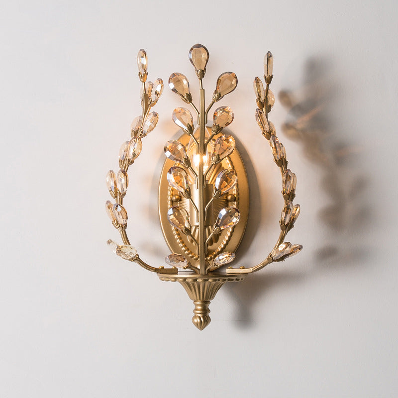 Modern Luxury Branch Leaf Oval Crystal Iron 1-Light Wall Sconce Lamp For Bedroom
