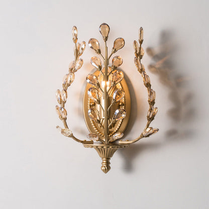 Modern Luxury Branch Leaf Oval Crystal Iron 1-Light Wall Sconce Lamp For Bedroom