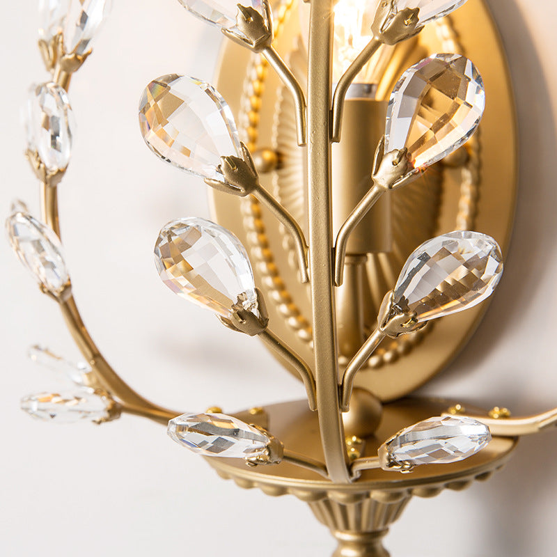 Modern Luxury Branch Leaf Oval Crystal Iron 1-Light Wall Sconce Lamp For Bedroom