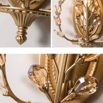 Modern Luxury Branch Leaf Oval Crystal Iron 1-Light Wall Sconce Lamp For Bedroom