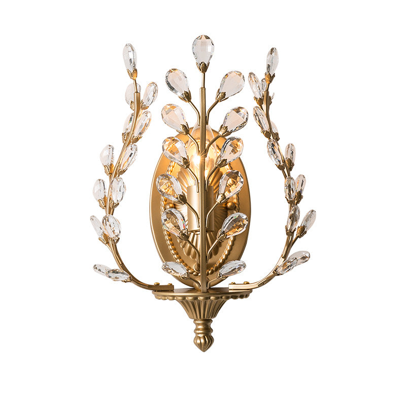 Modern Luxury Branch Leaf Oval Crystal Iron 1-Light Wall Sconce Lamp For Bedroom