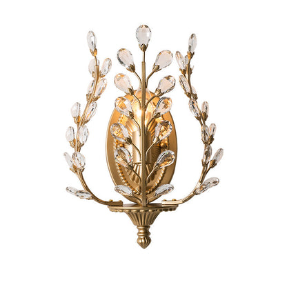 Modern Luxury Branch Leaf Oval Crystal Iron 1-Light Wall Sconce Lamp For Bedroom