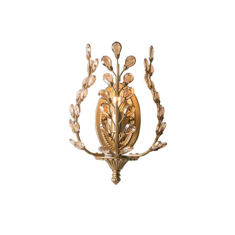 Modern Luxury Branch Leaf Oval Crystal Iron 1-Light Wall Sconce Lamp For Bedroom