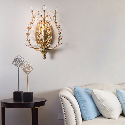 Modern Luxury Branch Leaf Oval Crystal Iron 1-Light Wall Sconce Lamp For Bedroom