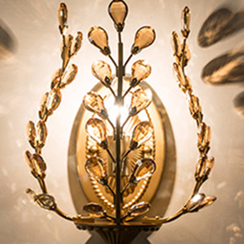 Modern Luxury Branch Leaf Oval Crystal Iron 1-Light Wall Sconce Lamp For Bedroom