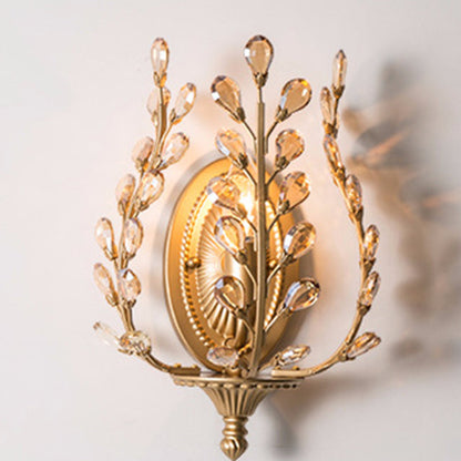 Modern Luxury Branch Leaf Oval Crystal Iron 1-Light Wall Sconce Lamp For Bedroom