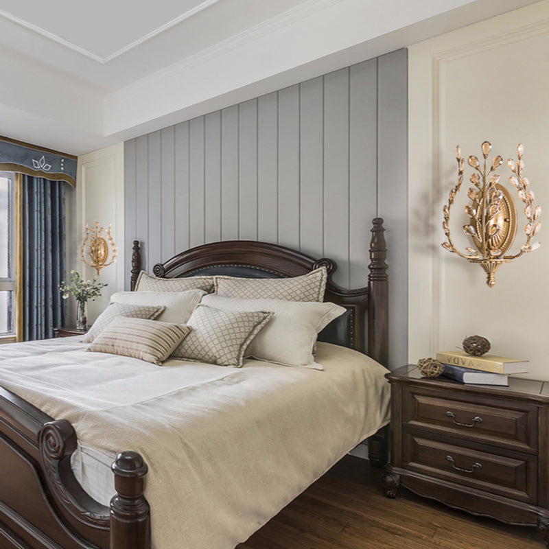 Modern Luxury Branch Leaf Oval Crystal Iron 1-Light Wall Sconce Lamp For Bedroom