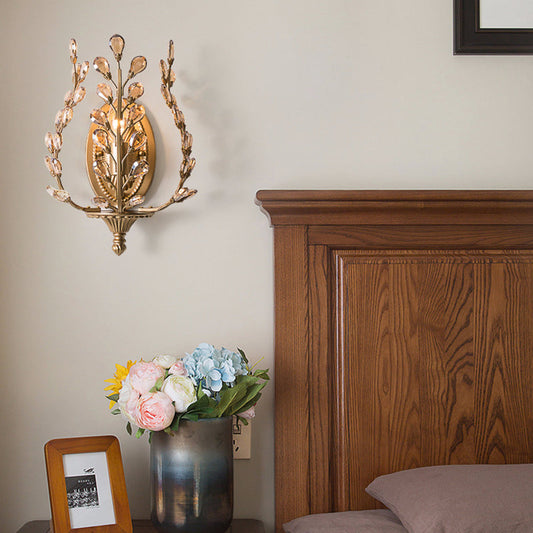 Modern Luxury Branch Leaf Oval Crystal Iron 1-Light Wall Sconce Lamp For Bedroom