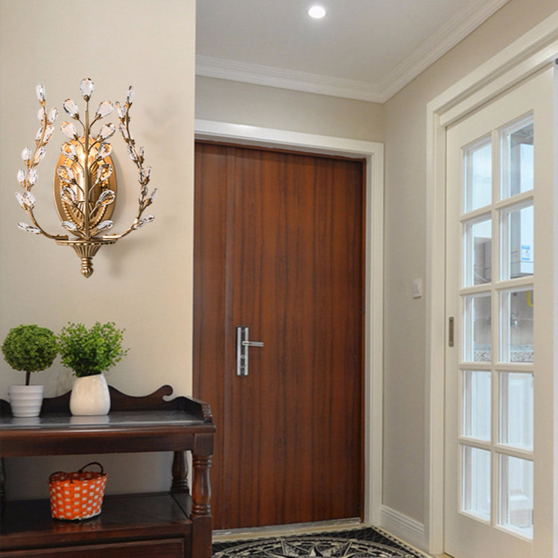 Modern Luxury Branch Leaf Oval Crystal Iron 1-Light Wall Sconce Lamp For Bedroom