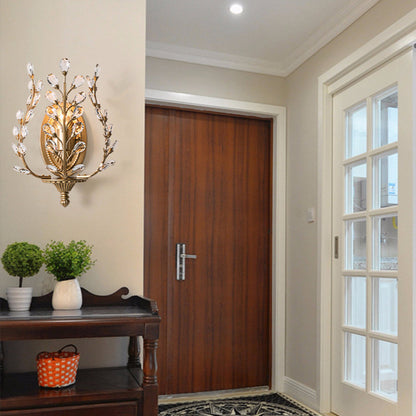 Modern Luxury Branch Leaf Oval Crystal Iron 1-Light Wall Sconce Lamp For Bedroom