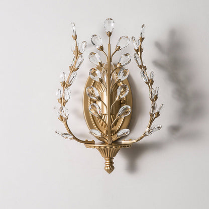 Modern Luxury Branch Leaf Oval Crystal Iron 1-Light Wall Sconce Lamp For Bedroom