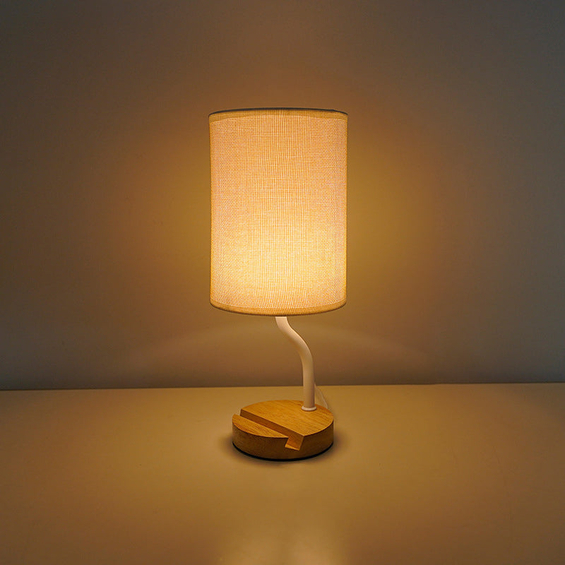 Modern Minimalist Cylinder Round Stand Fabric Wood LED Table Lamp For Living Room