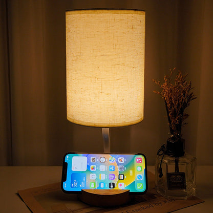 Modern Minimalist Cylinder Round Stand Fabric Wood LED Table Lamp For Living Room