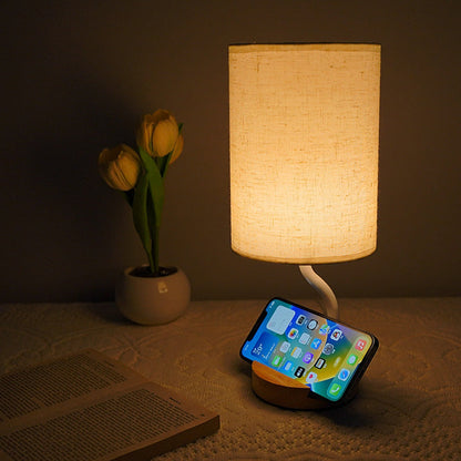 Modern Minimalist Cylinder Round Stand Fabric Wood LED Table Lamp For Living Room