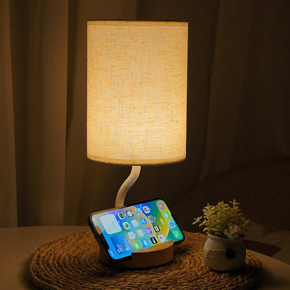 Modern Minimalist Cylinder Round Stand Fabric Wood LED Table Lamp For Living Room