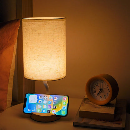 Modern Minimalist Cylinder Round Stand Fabric Wood LED Table Lamp For Living Room