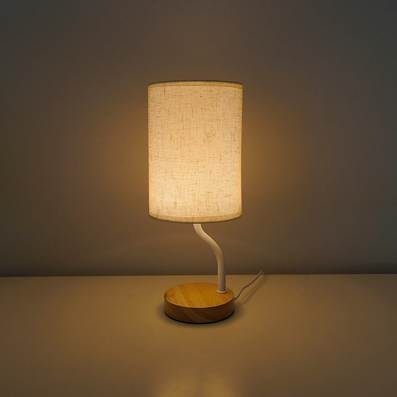 Modern Minimalist Cylinder Round Stand Fabric Wood LED Table Lamp For Living Room