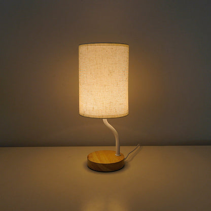 Modern Minimalist Cylinder Round Stand Fabric Wood LED Table Lamp For Living Room