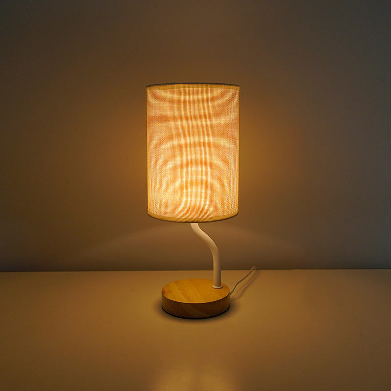 Modern Minimalist Cylinder Round Stand Fabric Wood LED Table Lamp For Living Room