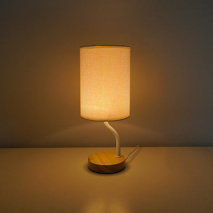 Modern Minimalist Cylinder Round Stand Fabric Wood LED Table Lamp For Living Room